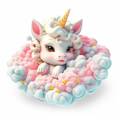3d cute adorable baby unicorn on fairy cloud,enchanment,magical journey,innocence,playful,adorable,fantasy,wonder,clipart,white background,colorful