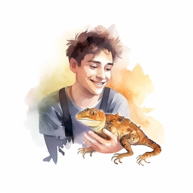 Adorable pet Gecko having happy moment with it's human owner, water color style, clipart, white background