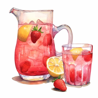 watercolor pitcher of strawberry lemonade next to glass of strawberry lemonade, in the style of Cecily Mary baker, white background, clipart