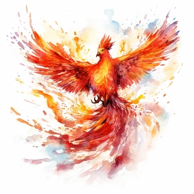 A clipart of a fiery phoenix rising from ashes, painted in watercolor style, designed on a white background.