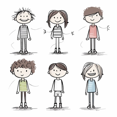 collection of 4 cliparts about a boy and girl stick figure, cute smiling faces, whole body standing, isolated, low details, oneline art, white background