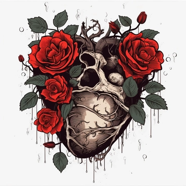 anatomical red heart with black roses clipart, white background