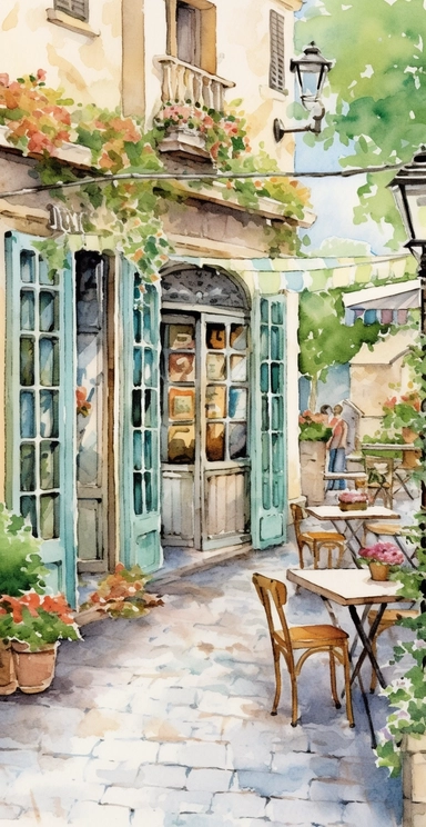 clipart, Watercolor painting, As the gentle breeze carries the faint scent of freshly brewed coffee, you find yourself captivated by the scene before you. Nestled among a quaint street lined with charming buildings, a picturesque cafe comes into view. The outdoor seating area beckons with its rustic charm, adorned with wrought-iron chairs and tables adorned with vibrant potted flowers. The centerpiece of the cafe is an intriguing structure, an architectural marvel that combines classic elegance 