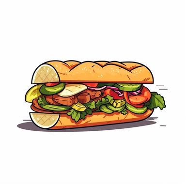 Bánh mì: A Vietnamese baguette sandwich filled with various ingredients such as grilled meats, pâté, and pickled vegetables. , simple illustration, cartoon vector style, clipart, white background