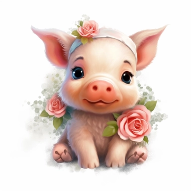 a cute and fluffy baby pig with some minimalist flowers, disney style, clipart on white background