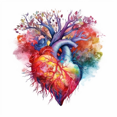 the watercolor painting of the heart of love, in the style of fluid color combinations, hyper-detailed illustrations, colorful woodcarvings, realism with fantasy elements, magewave, vibrant color palette, perfect heart shape, tree, pretty, white background, clipart