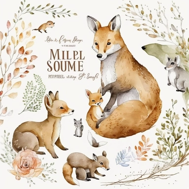 Mother's Love and cute Baby Animals watercolor forest clipart. Forest Moms Love and little Animals set of high quality hand painted flora and fauna illustrations, clipart set includes hand drawn watercolor elements, with white background, Mother and baby woodland animals, mother deer and fawn, mother squirrel and baby squirrel, mother rabbit with bunny, mother bear and bear cub, mother fox with fox cub