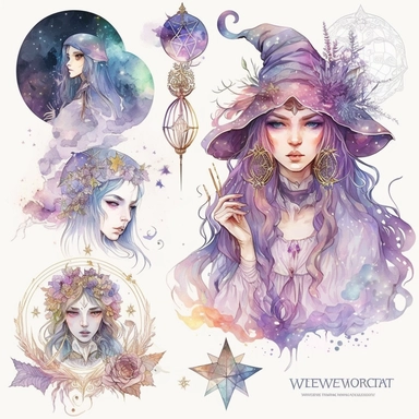 watercolor witchcraft set of gateway, watercolor clipart, isolated elements, in the style of the stars art group (xing xing), tanya shatseva, artgerm, Josephine Wall, pastel colors scheme, lovely, uhd image, transparent/translucent medium, bloomcore, matte painting, white background, charming character illustrations –seed 2402384654