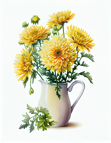 detailed vibrant watercolor bouquet of yellow chrysanthemum flower in plain pitcher vase white space , isolated on white background, realistic, clipart