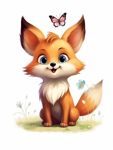 cute happy fox clipart looking at a butterfly on his nose, in watercolor style, The background is a solid white color, with no shadows or gradients and no flowers or other elements than the fox and the butterfly. cabincore