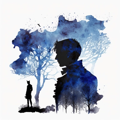 a clipart. a wide shot of a beautiful attractive gothic man prince looking like a cat-man. Standing in profile. in the beautiful gothic fantasy style. surrounded by deep-blue trees and fog. fantasy mystery atmosphere. white background. deep blue-black watercolour