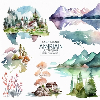 watercolor clipart North America, Europe, and Asia landscapes, digital illustration, 8k, hd 1:3 v5