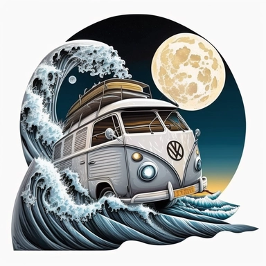Create a mesmerizing image of a van navigating through a mystical wave, surfboards poised for action, with a magical full moon casting its luminous glow, contrasting beautifully against a white canvas, mystical, illustration style, white background, clipart, PNG pure white background, high resolution, hyper detailed, best quality, high detailed illustration