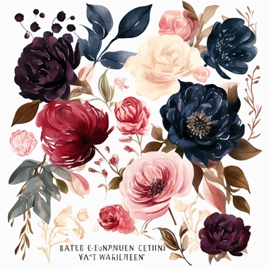 Create an enchanting collection of ultra-detailed watercolor floral clipart, showcasing a mesmerizing color palette of navy, burgundy, and blush. The clipart should capture the richness and depth of these tones, evoking a sense of sophistication and romance. Incorporate a variety of floral elements, including roses, peonies, and other elegant blooms, each meticulously painted to emphasize their unique textures and intricate details. Design the clipart with a focus on wedding themes, allowing for