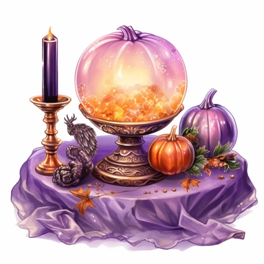hand drawn glowing crystal ball sitting on a table with crystals, tarot cards, a wand, candles and a pumpkin, Halloween, purple and orange shades,fantasy, glamorous, , clipart style, detailed and realistic, watercolor, white background with margins