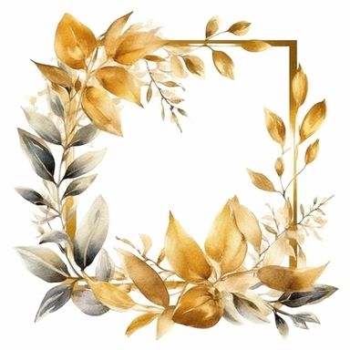 beautiful golden elegant simple square foliage frame, clipart watercolour style, isolated white background, 8k