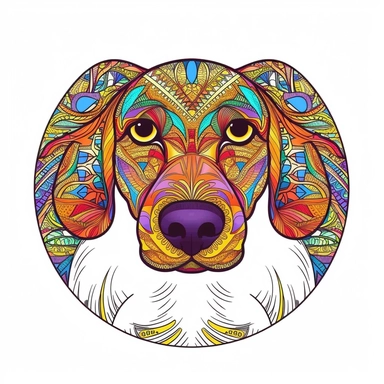 logo, mandalas dachshund dog , head, facing front, cute, circle frame, cartoon clipart, vector, bold line, white isolated background, high definition