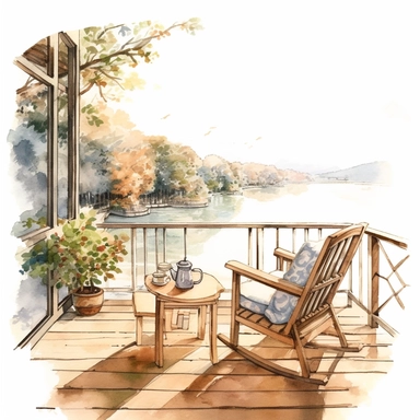 watercolor, hyper realistic, white background, white margins, 16k, ultra detailed clipart, cut out image, hand-drawn, whimsical manhwa style, ultra HD, sharp and clean art cozy balcony with a rocking chair, a small side table, and a few candles, surrounded by greenery, overlooking a peaceful lake.