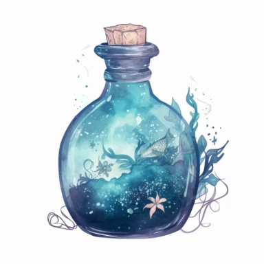 cute fairy tale clipart Magic potion on white background - This potion bottle is filled with a shimmering blue liquid that looks like the ocean. It's said to bring good luck to anyone who drinks it, and to grant the ability to breathe underwater like a mermaid.
