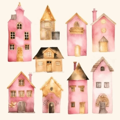 sweet pink and gold watercolor,house clipart, home clipart ,rentall icon set,isolated white background, single design, sharp, bold