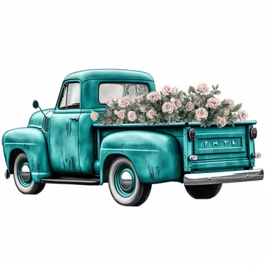 chevy pickup truck filled with teal roses in the back clipart,hd, white background