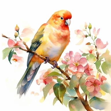 peach-faced lovebird,FLOWERS, watercolor painting by JOHN SINGER SARGENT, clipart, white background