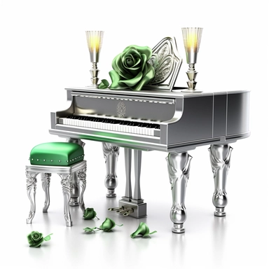 luxury silver piano with a seat,green roses and jewel,luxury candle digital clipart on white background