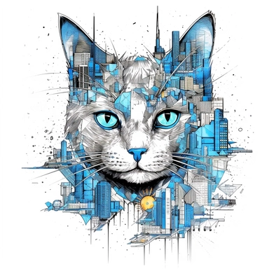 cat, Blue eyes, collage quirky cool collage city, Felis catus clipart, white contour detailed, clean line, hd, on white background, spaced out