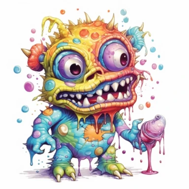 retro vintage antique horror kawaii single monster clipart surrounded by a white background, rotten, ben templesmith, lisa frank, frank frazetta, richard scarry, clean border, white background