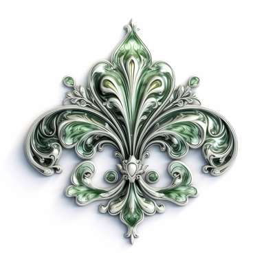 Clipart, gorgeous fleur de lis, green and grey colours, luminous, glowy, intricate, illustration, detailed, 8k, png, isolated on white background