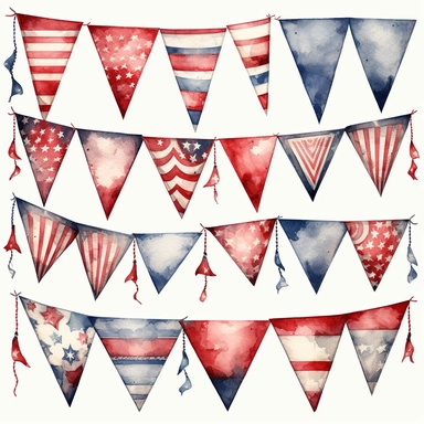 Patriotic Bunting and Flags: Create clipart of patriotic bunting or flags in red, white, and blue. Arrange them in various shapes and patterns, such as swags, triangles, or waves, to add a decorative touch to your designs. delicate detail, watercolor, in the style of artgerm, 2d game art, quadratura, clipart, on white background,