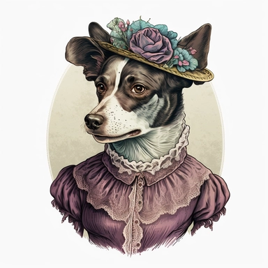 Portrait Shot of a Vintage Anthropomorphic Dog Wearing A Victorian costume Illustration, colorful, 1920s Illustration, Vintage, Antique, Ephemera, Clipart, 8k, Isolated on white