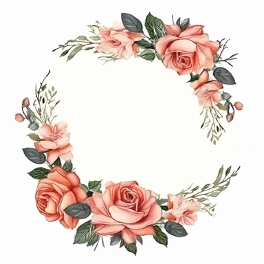 Rose flower frame, circle, vintage colors, illustrated clipart, simple, isolated white background, 8k