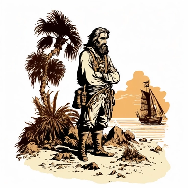 portrait of Robinson Crusoe on a desert island, castaway, shipwreck, simple lines , clipart, white background