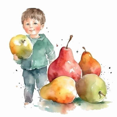 child, next to apples and pears. watercolor cartoon style grunge clipart on white background