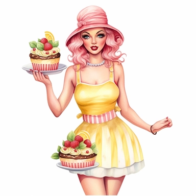 Hand drawn pin up woman, wearing a yellow bakers hat, pink and white striped apron, holding lemonade cake with lemons, with strawberries and blossoms, glamorous, half body, very detailed and realistic, watercolor, white background with margins, clipart style