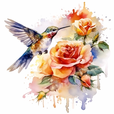 roses with a hummingbird in flight, Use a combination of vibrant colors and subtle variations in color to capture the freshness and vitality of the SCENE. Let the transparent and flowing nature of watercolors add a sense of lightness and movement to the painting, clipart, plain isolated white background, 8k ultra detail high sharpness