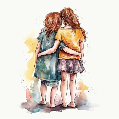 illustration, watercolor, best friend hug clipart, black outline, white background