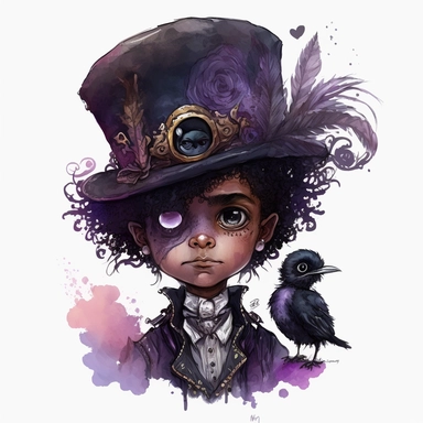 boho little blacky BOY, big eyes, DISNEY character Dr. Facilier, tall black top hat with skull and bones on it with a single purple feather, bone necklace, staff with a purple glow on the end, very detailed and realistic, watercolor, portrait , white background with margins, clipart style,