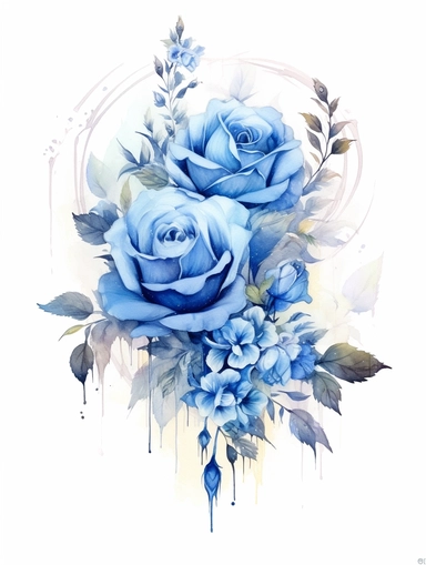 vintage beautiful victorian shabby chic blue roses frame on white background, blue theme, watercolor illustration, clipart