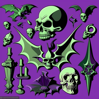 clipart model sheet of various psychobilly elements of design like skeletons, bats, full moon scenery, rat rods, that would fit in a psychobilly style Hawaiian pattern, using black, purple and green shades