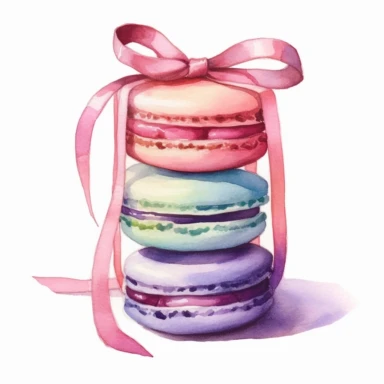 Macaroons with bow, pastel colors, light watercolor, few details, dreamy, Studio Ghibli, clipart, white background