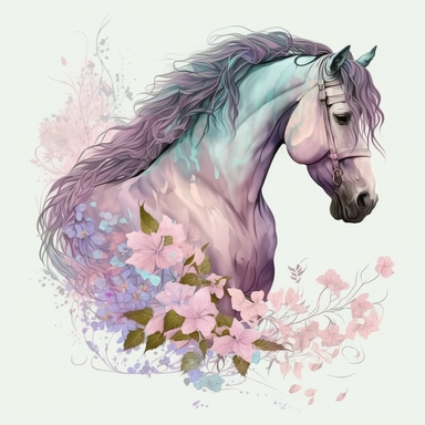 A horse clipart design for girls with a soft and girly color palette of pastel colors like pink, purple and blue to create a dreamy atmosphere. The horse itself is majestic and has a long flowing tail and mane that move in the wind. Flowers and butterflies surround the horse and give the design a romantic touch