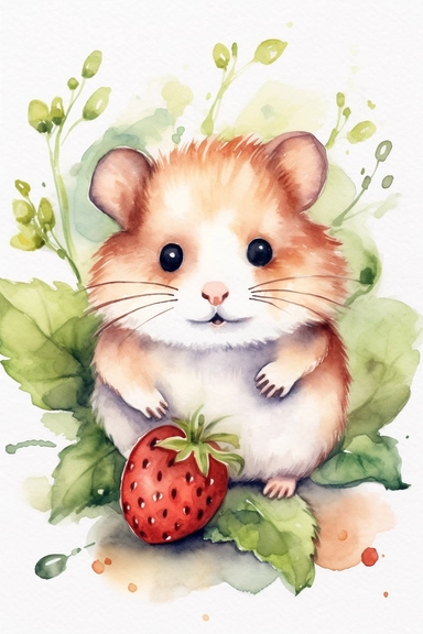 Create a watercolor clipart picture of a hamster next to a strawberry plant, white background. The hamster should have a cute and happy expression, with its fur depicted in soft watercolor textures. Surround the hamster with small flowers and greenery, adding a whimsical touch to the scene.