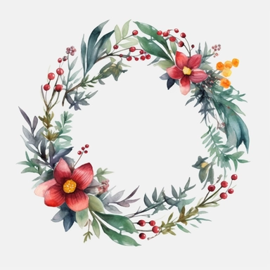 Christmas circle flower Christmas watercolor composition with twigs on a white background. wreath, frame, and border. Greeting card, poster, or banner with space for text CUTE STICKER Frealistic cartoon in 32K UHD cute. 15 cm thick outline. Black color. There was no shadow on the ground. 8K with realistic watercolors and detailed illustrations. PNG clipart, transparent white background