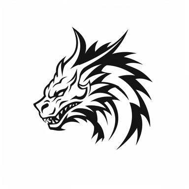 minimalist epic dragon head side-view logo, simplified, silhouette, iconographic symbolism, clipart in coloring page style, black and white, white background