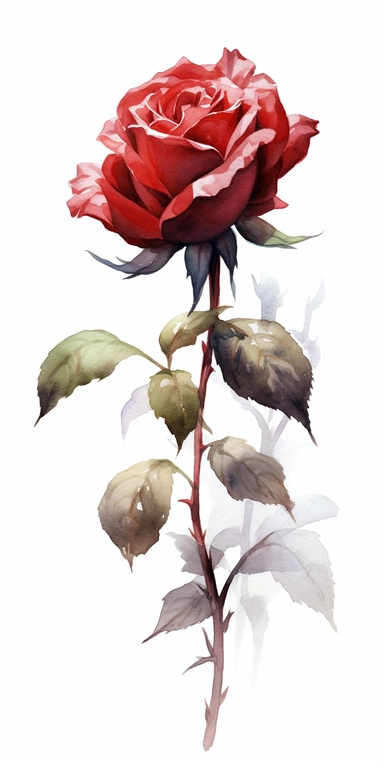 Watercolor Painting of SINGLE STEAM RED ROSE FLOWER on white background beautiful multi - headed pale, Flora Design Patterns, Flemish Baroque by Rachel Ruysch, Behance, Rococo, Intricate Detailed, Soft Light Effect, Oil Paint Strokes, Light Academia Aesthetic Flowers, Lighting cinematic, all shown shimmering stamens, tyndall light, light effect, texture, colorful, 8k, fantasy, ray tracing, depth of field, vivid, spectacular lighting, octane rendering, highly detailed, ultra - realistic, white ba