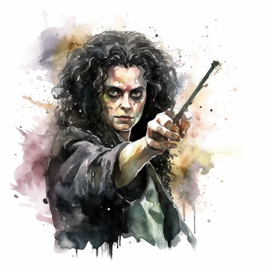Bellatrix Lestrange from Harry Potter movie, holding a magic wand, casting powerful spell with her wand, looking scary, screaming, detailed, watercolor, clipart, white background