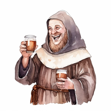 happy bearded medieval friar Tuck laughing as he holds just one beer mug in his right hand watercolor clipart