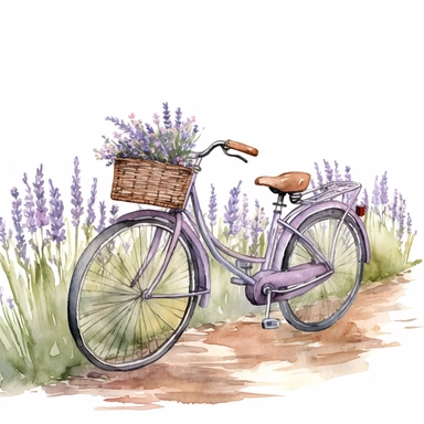 Lavender field with a watercolor vintage bicycle adorned with a basket of lavender blooms, clip art, detailed, clean, aquarelle